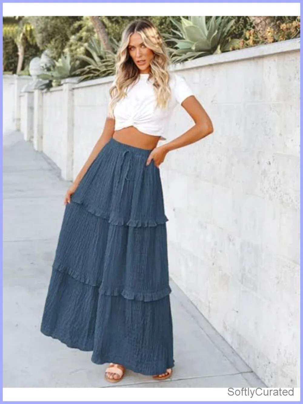 Elegant Flared A-Line Midi Skirt with Drawstring High Waist
